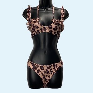 ZAFUL WOMEN LEOPARD PRINT RUFFLES BIKINI SET CREAM BROWN SIZE S / 4
